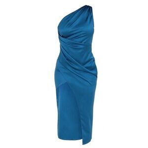 NWT Blue Sapphire Satin One Shoulder Dress with Slit Size 6